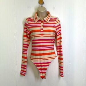 H&M - Pink & Orange Ribbed Long Sleeve Polo Thong Long Sleeve Bodysuit Size SM